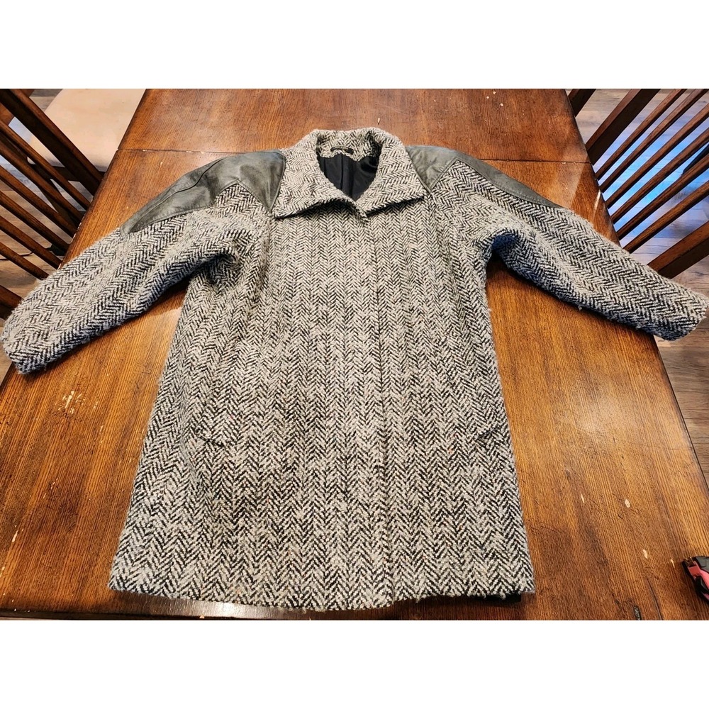 1980s VTG WOMENS THICK WOOL & LEATHER COAT SHOULDER PADS‎ HIDDEN BUTTONS RETRO